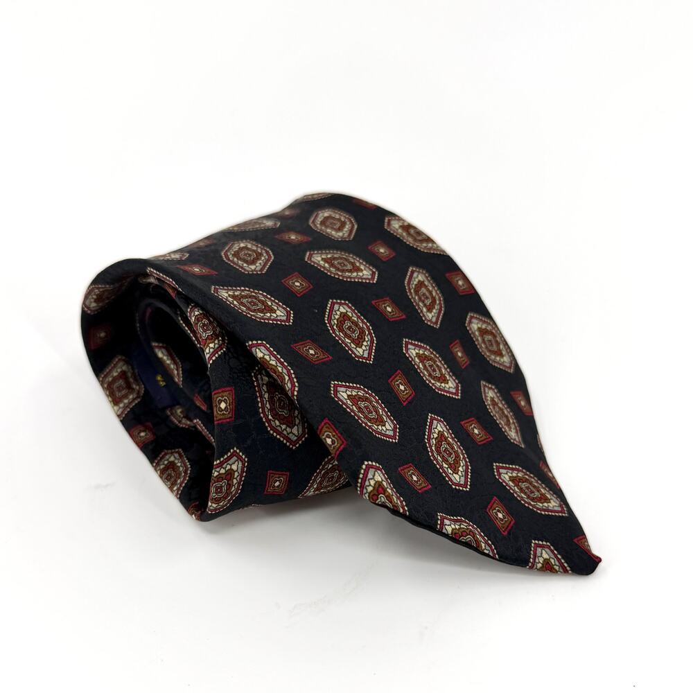 Vintage 80s Hardy Amies Black 100% Silk Red Medallion Wide Necktie